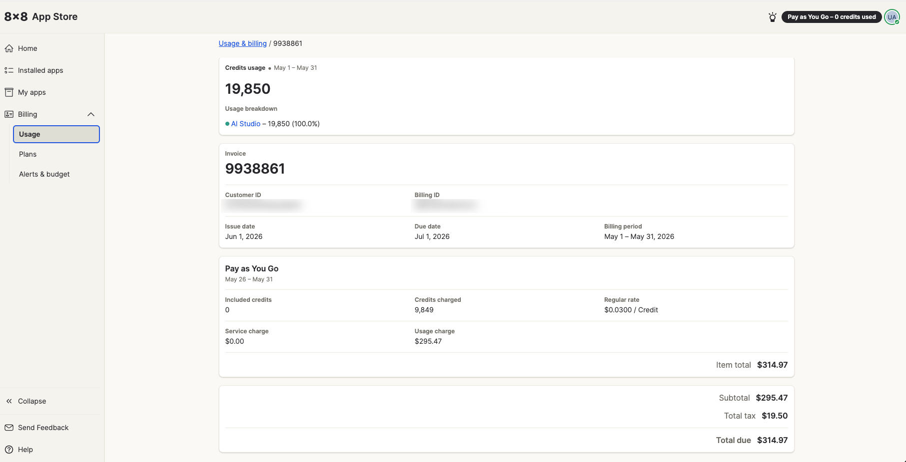 The sections of an 8x8 App Store invoice