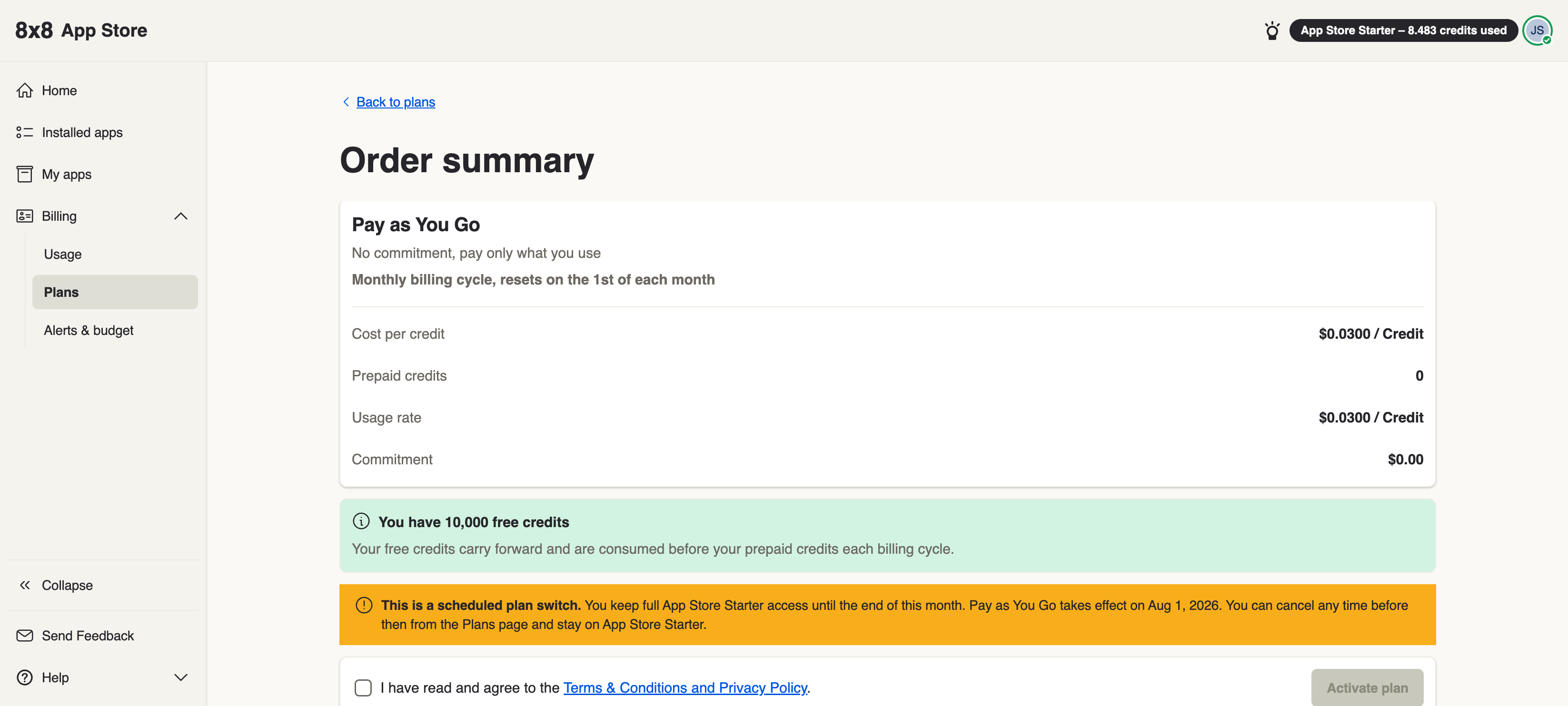 Scheduled plan switch notice when leaving App Store Starter